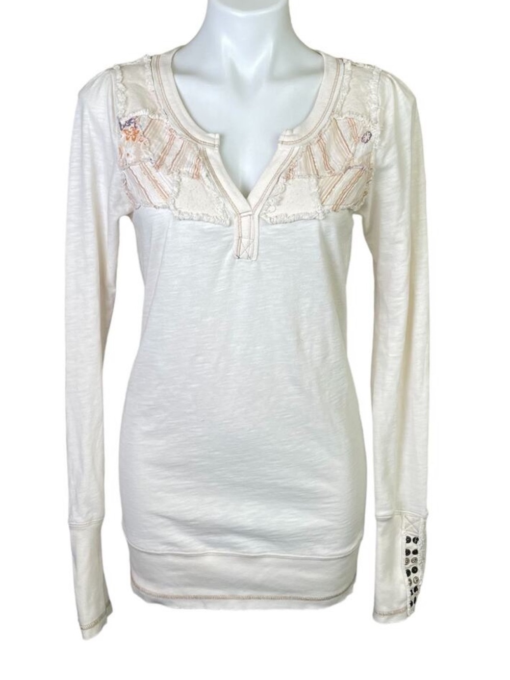Free People | Women's Cream Long Sleeve Patchwork Tunic Top | Size: L